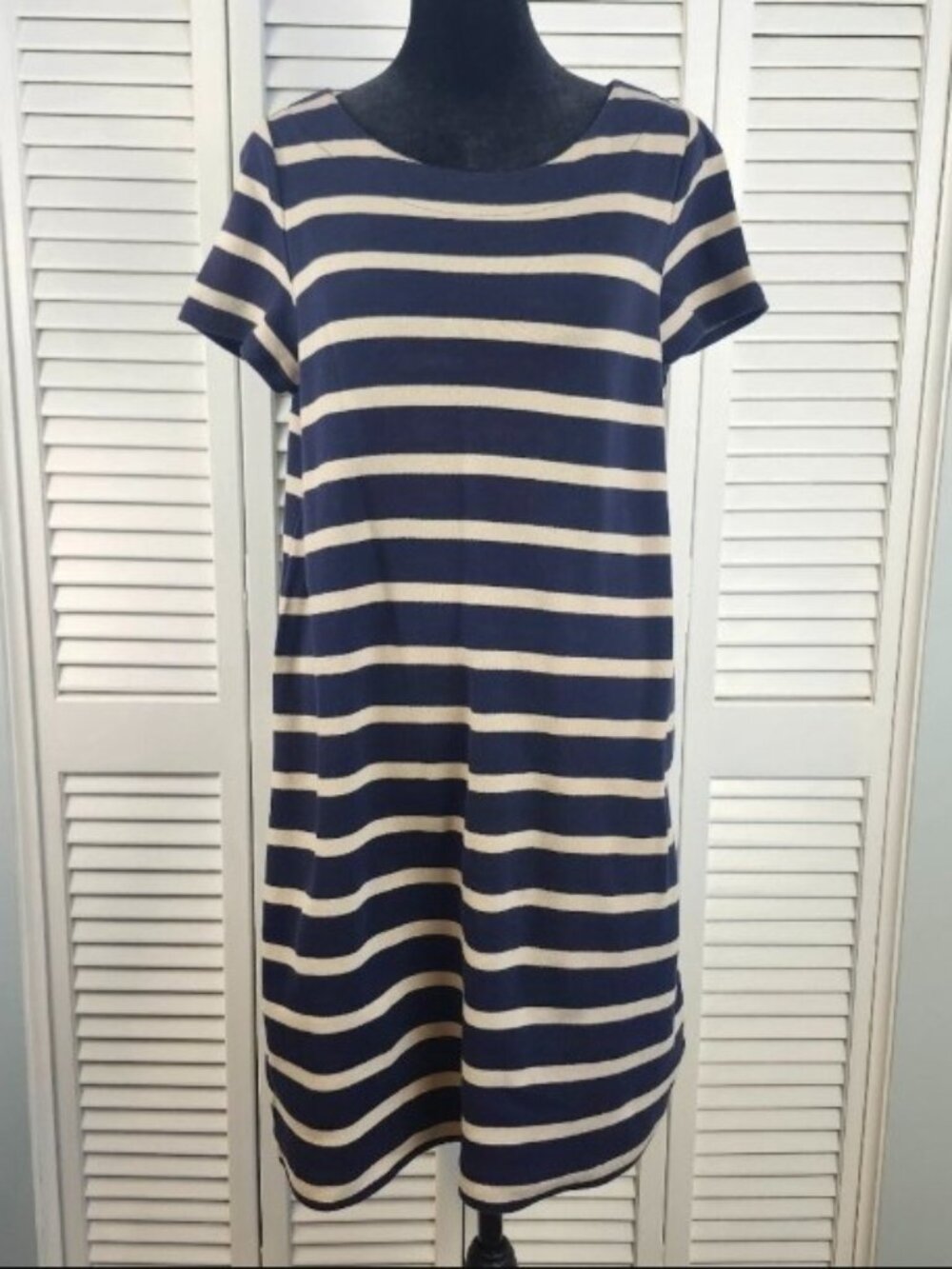 3/$20 Talbots Shirt Dress Navy Blue Cream size MP Nautical Preppy Y2K